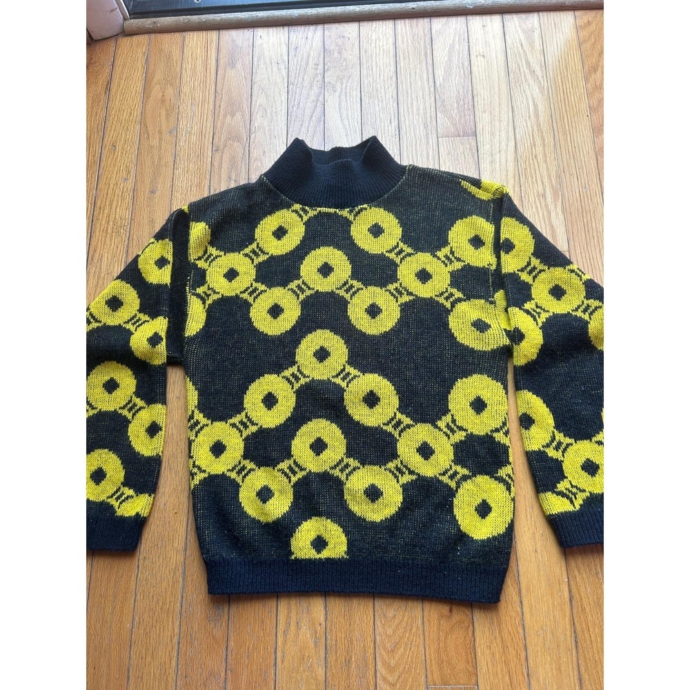 Vintage 90s  SMALL  Geometric Dots Sweater MOD Black and Yellow Eclectic Grandpa